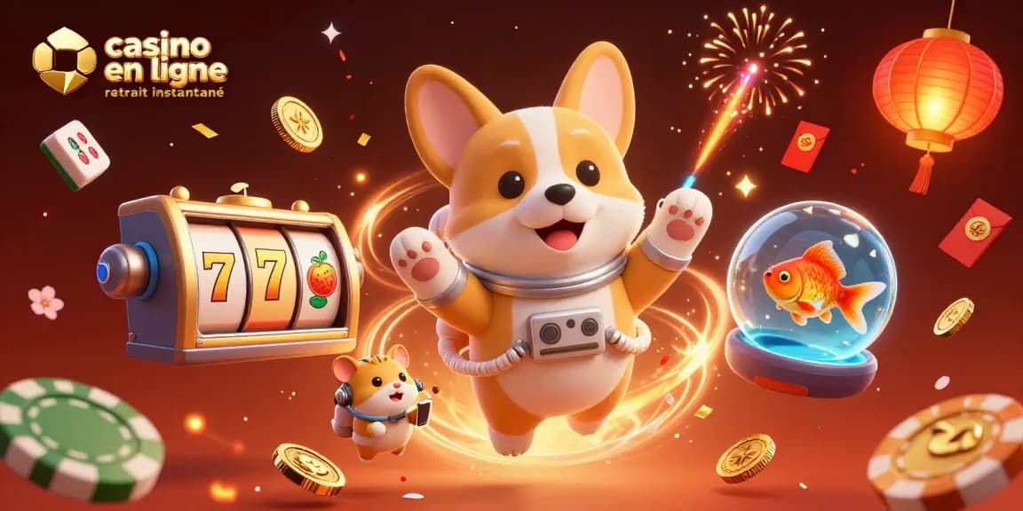 Jouer au casino en ligne retrait instantané avec un corgi astronaute et des éléments festifs flottants.