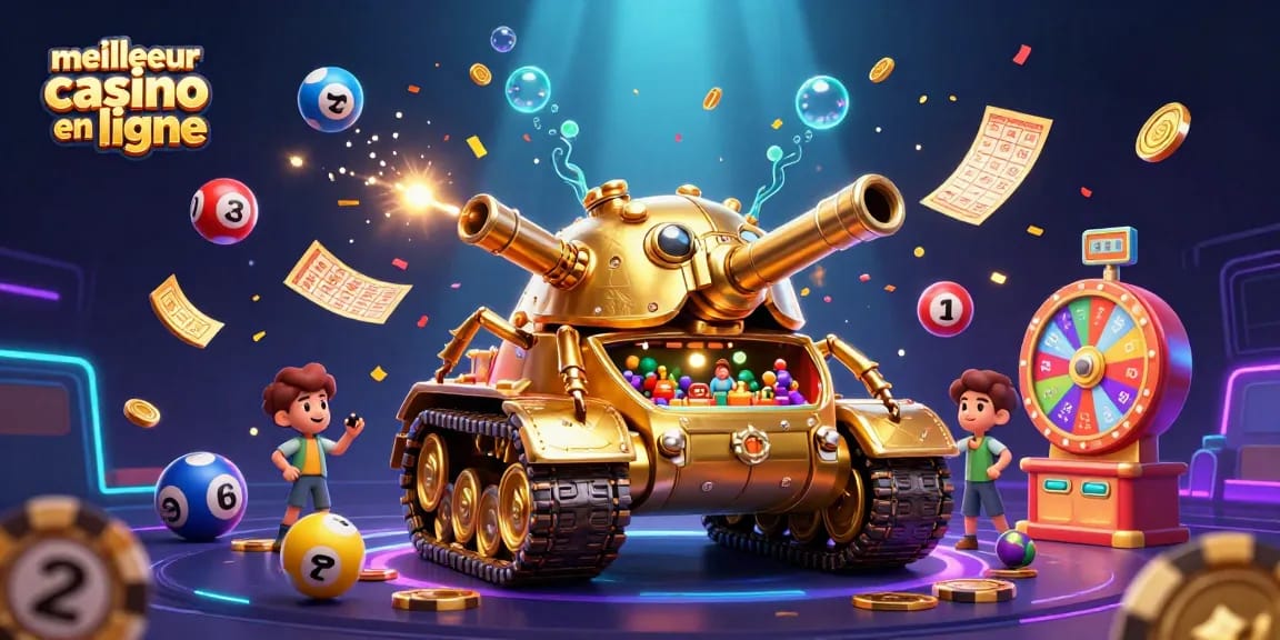 Découvrez le meilleur casino en ligne avec une illustration dynamique d'un tank-casino doré et des éléments ludiques étincelants.