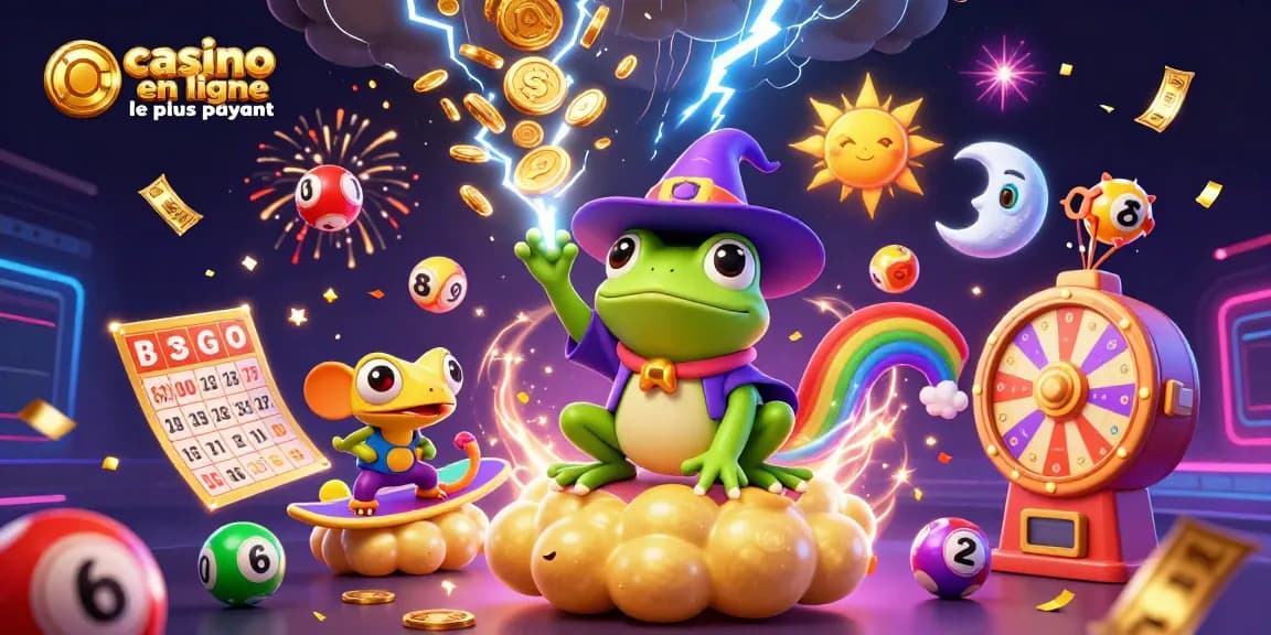 Une scène animée captivante de casino en ligne le plus payant avec des personnages colorés et des éléments de jeu dynamiques.