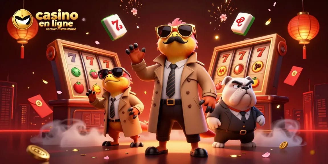 Célébrez le casino en ligne retrait instantané avec trois raptors comiques en manteau devant un casino, entourés d'éléments de jeu.