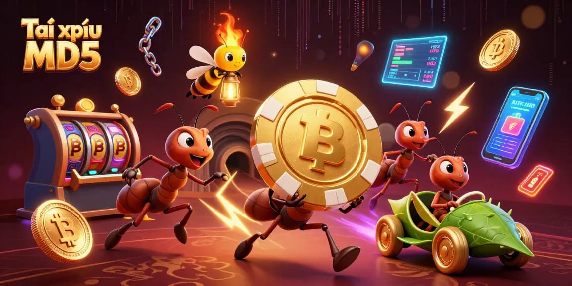 Experience Tài xỉu MD5 thrills with ants heisting a giant poker chip amidst dazzling casino elements.