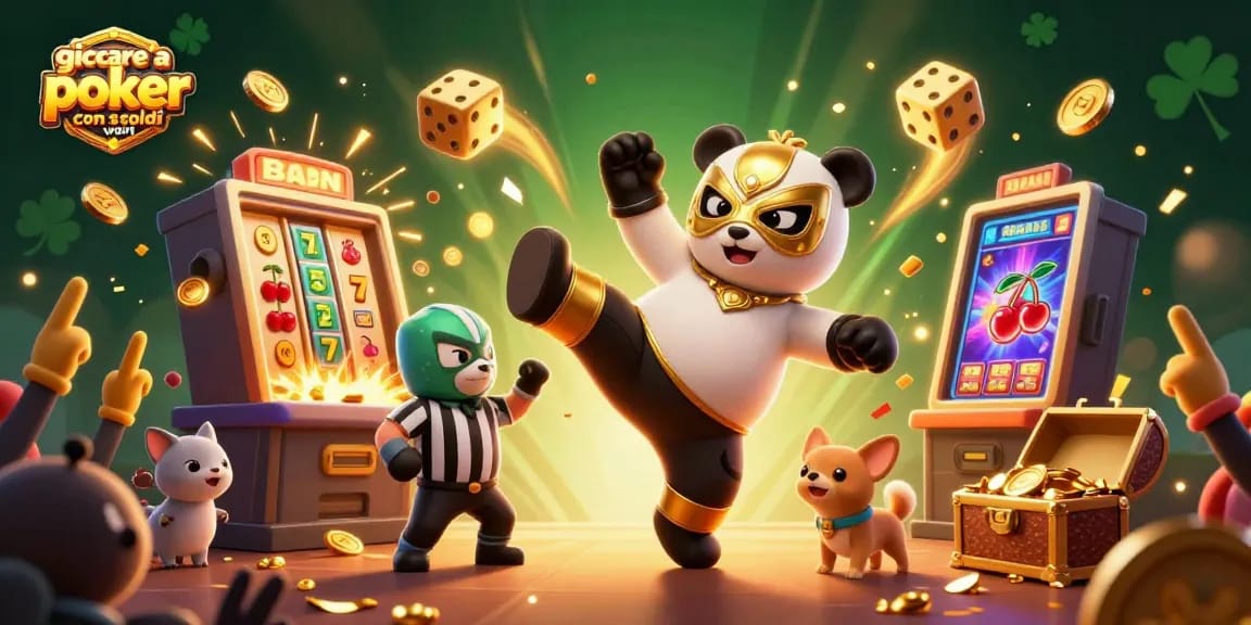Giocare a poker con soldi veri con un panda lottatore in un’atmosfera festante di casinò.