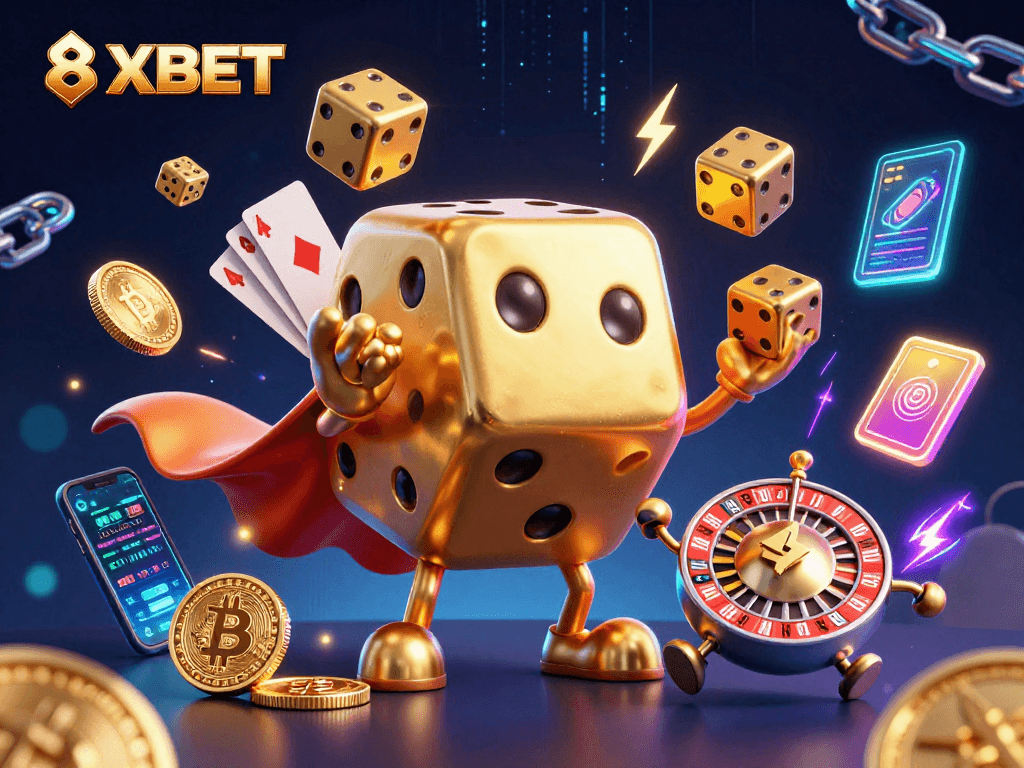 Engage with 8XBET's thrilling online casino environment, featuring 3D characters and cryptocurrency elements.