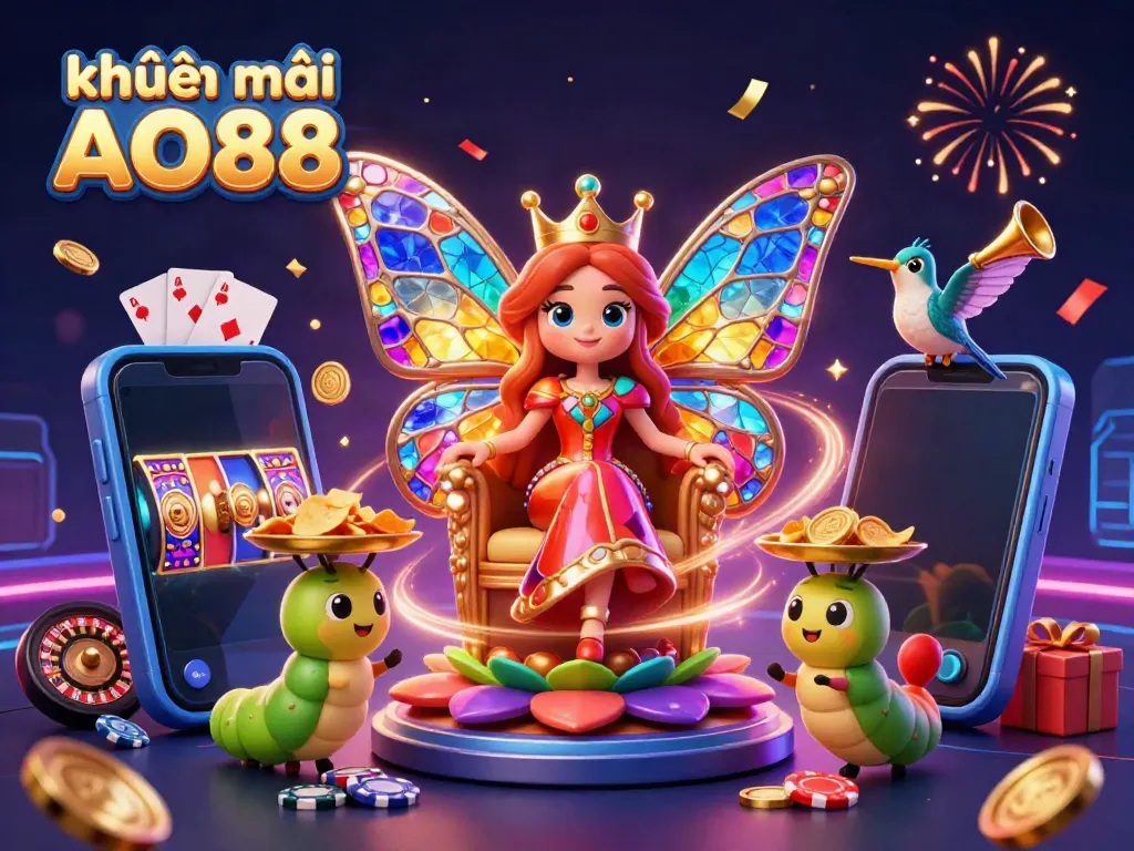 khuyến mãi AO88 features a vibrant, captivating 3D scene with a butterfly queen amidst casino actions and celebratory elements.