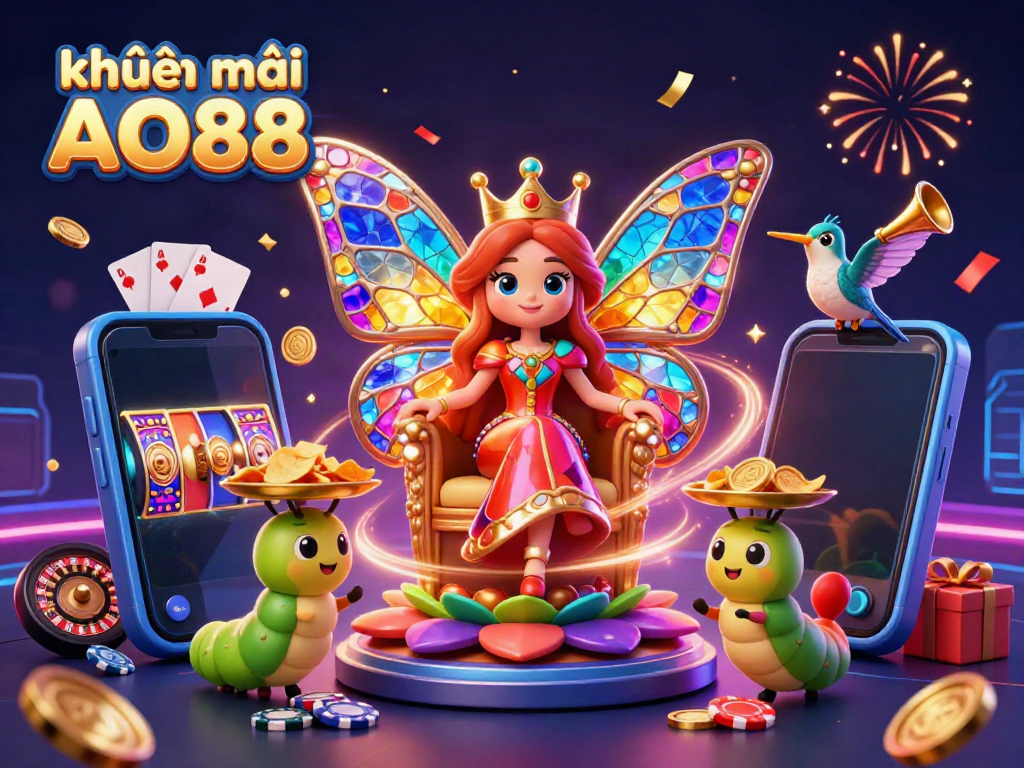 khuyến mãi AO88 features a vibrant, captivating 3D scene with a butterfly queen amidst casino actions and celebratory elements.