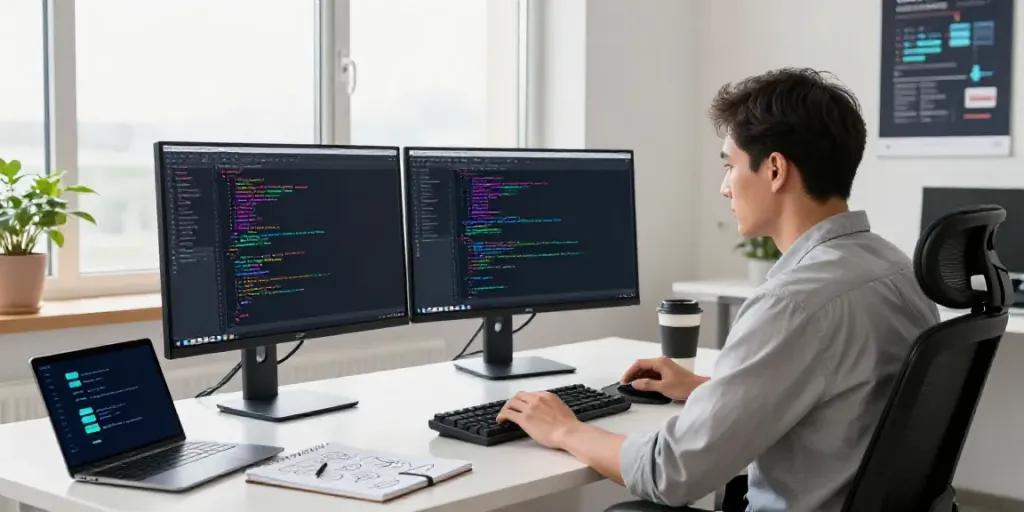 Instant indexing development scene with a coder at dual monitors in a modern office setting.