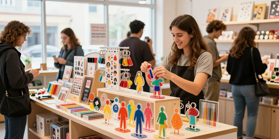 Custom acrylic stand display with diverse products in a vibrant shop.