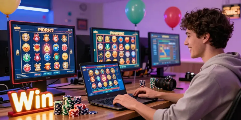 Cheerful player enjoying slot online games on a laptop with colorful interface and festive decorations.