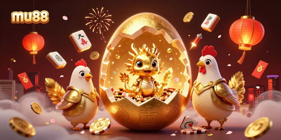 Feel the excitement at mu88 with a golden dragon emerging from a treasure of poker chips and mahjong tiles.