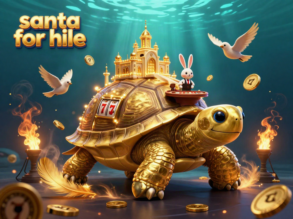 Experience the festive spirit with Santa for hire at a vibrant casino scene featuring a golden tortoise and playful characters.