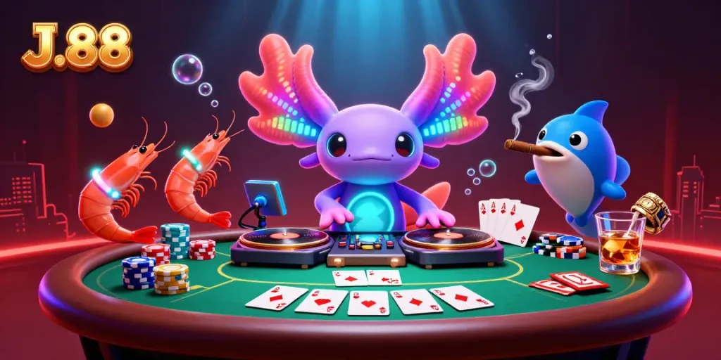Experience the thrilling world of J.88 with an energetic underwater casino scene filled with vibrant characters.