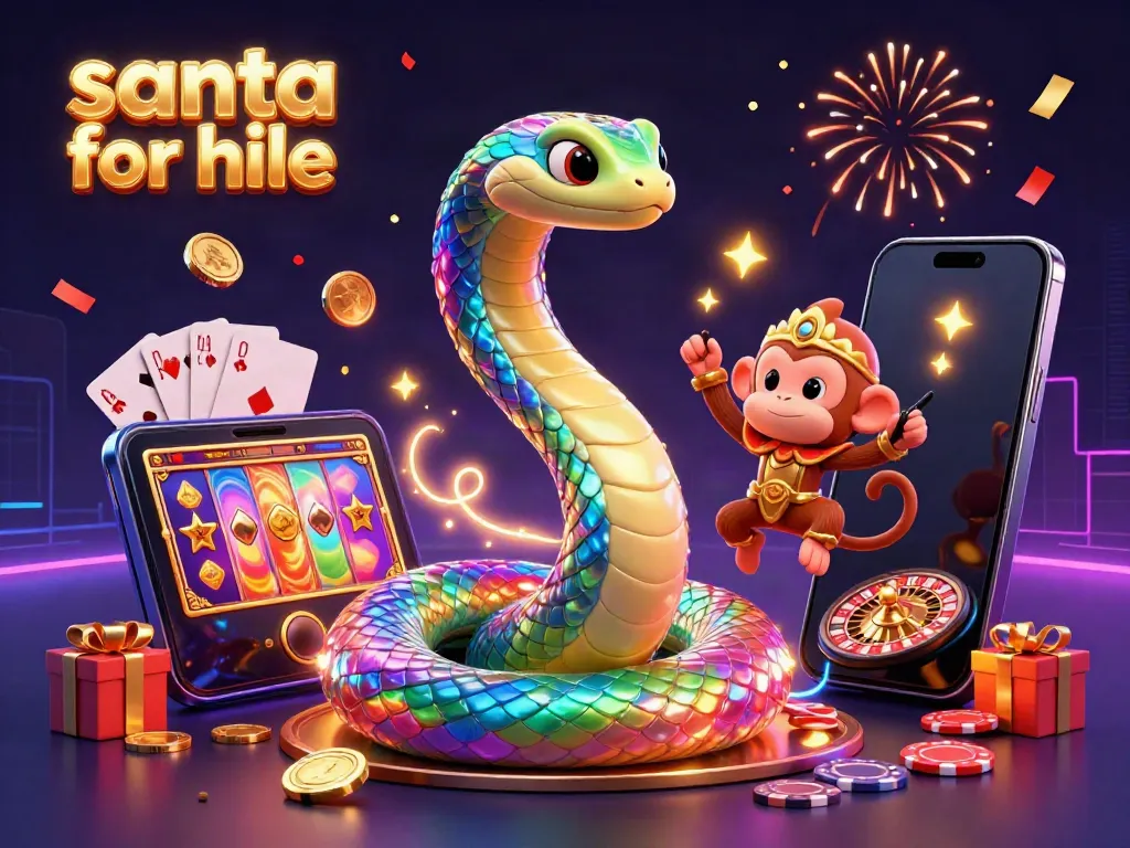 Engage in the magic of the holidays with a colorful display of Santa for hire characters amidst a festive casino atmosphere.
