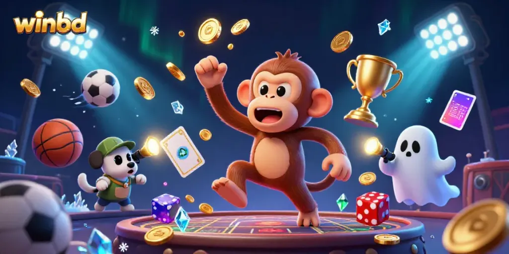 Engaging winbd illustration of a poltergeist monkey juggling gold objects with a puppy finding it in a haunted casino.