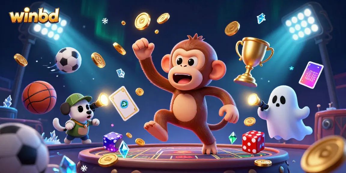 Engaging winbd illustration of a poltergeist monkey juggling gold objects with a puppy finding it in a haunted casino.
