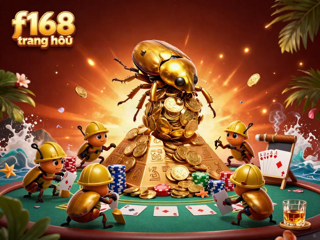 Engage with the vibrant f168 trang chủ scene showcasing a golden beetle rolling coin treasures in a casino-gaming pyramid.
