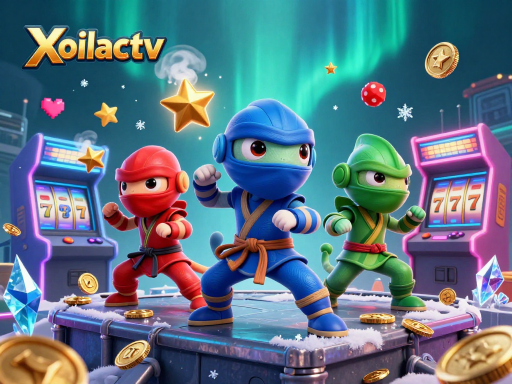 Xoilactv showcases a vibrant 3D chameleon ninja team in a dynamic casino-themed scene.
