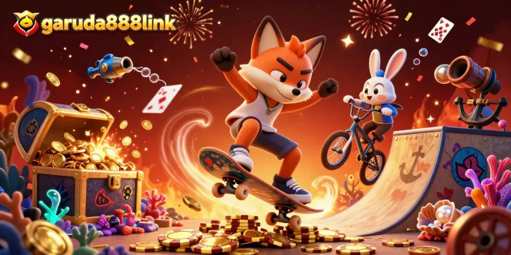 garuda888link showcases a vibrant 3D casino atmosphere with engaging characters and gambling action.