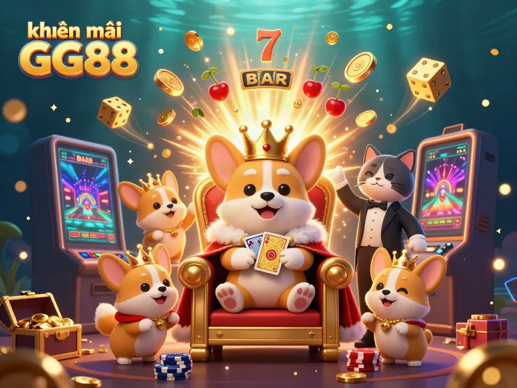 Win big with khuyến mãi GG88 as a royal corgi enjoys the jackpot thrill