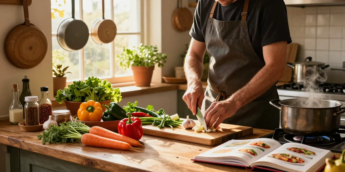 Preparing a healthy meal in a cozy kitchen highlighting fresh vegetables and herbs, showcasing culinary creativity and health benefits of meals like สล็อต.