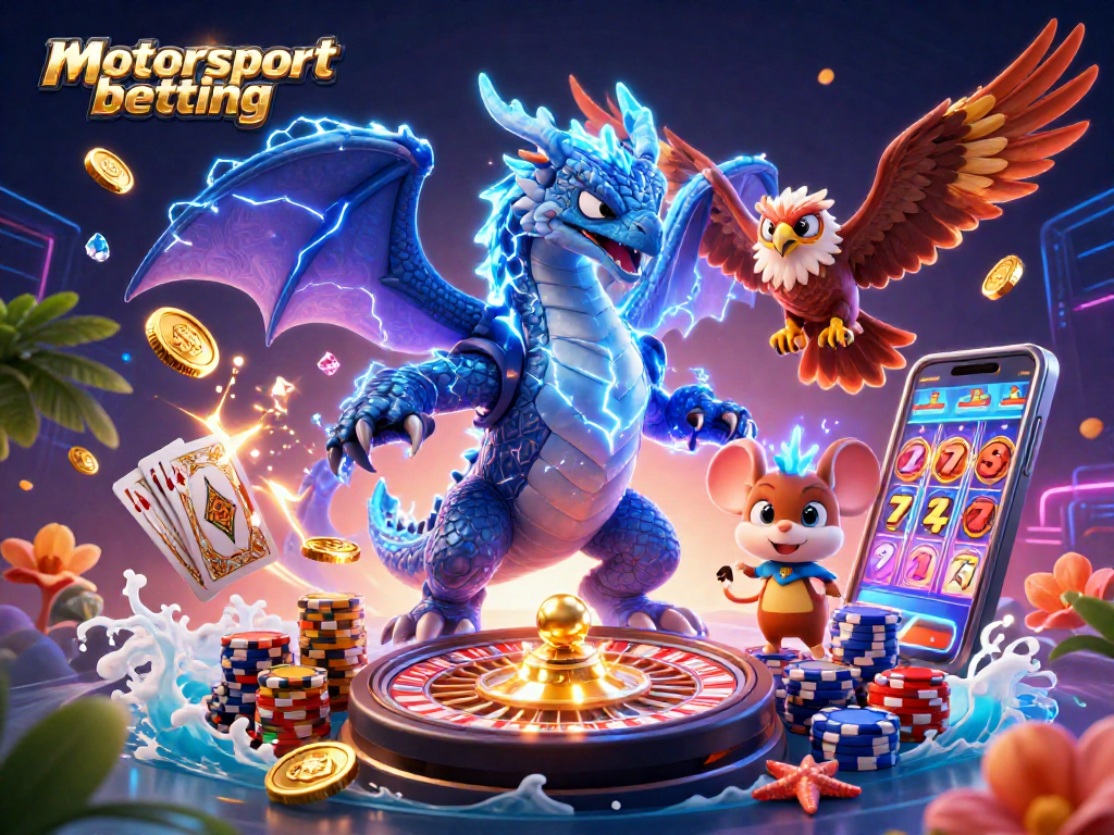 Engage in thrilling motorsport betting with dynamic visuals of dragons, coins, and games.