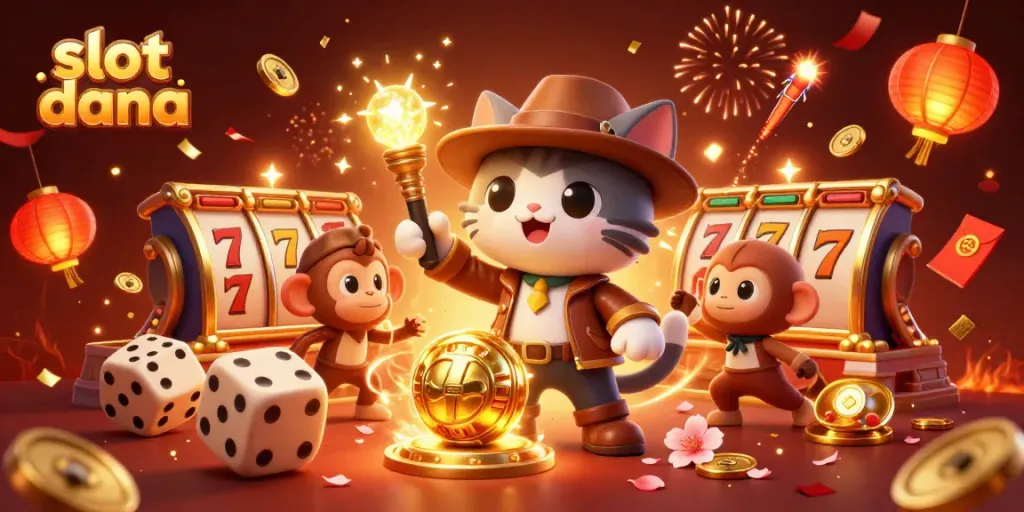 Gambar ilustrasi 3D slot dana dengan petualangan kucing arkeolog dan monyet dalam suasana kasino