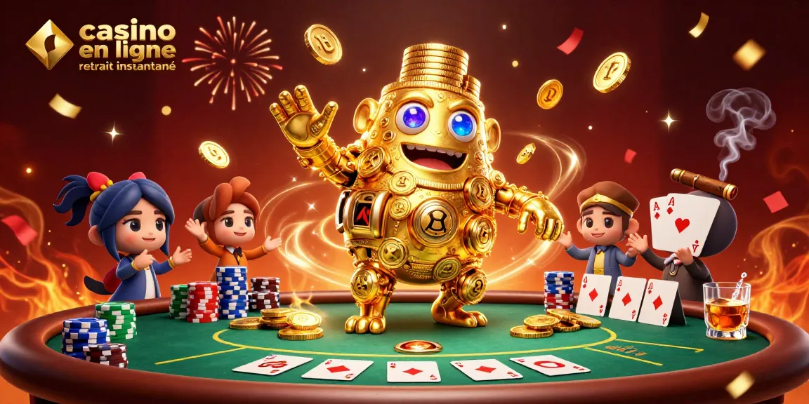 Plonger dans l'univers du casino en ligne retrait instantané avec un golem en or, des jetons et des cartes éblouissantes.