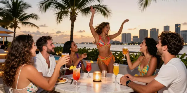 Miami bachelor party strippers entertaining friends at a rooftop bar in Miami.