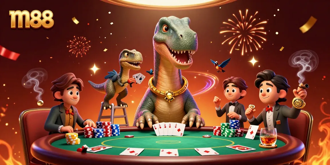 M88's exciting online casino featuring a giant brontosaurus and clever raptor dealer in a lively poker scene.
