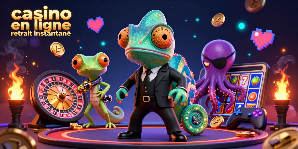 Illustration dynamique d'un casino en ligne retrait instantané, avec un caméléon et un gecko entourés d'éléments de jeu.