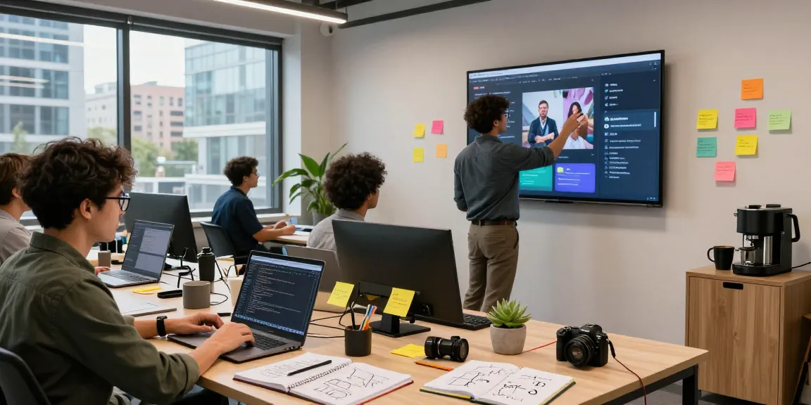 Collaborative tech workspace illustrating developers using an AI image generator with screens and coding tools.