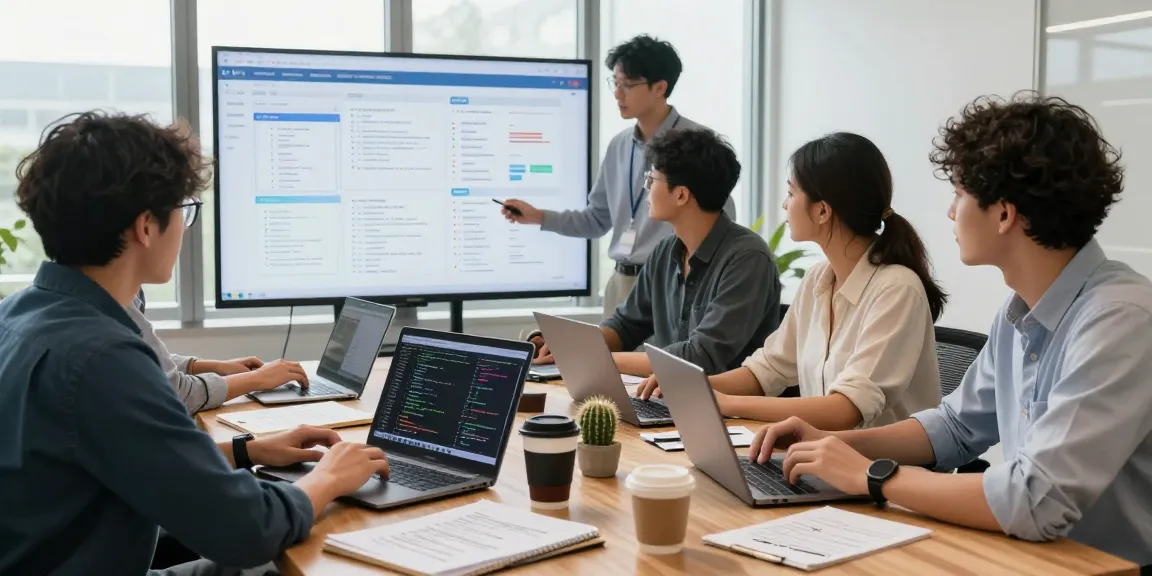 Developers collaborating on multi-exchange data interface in a modern fintech workspace.