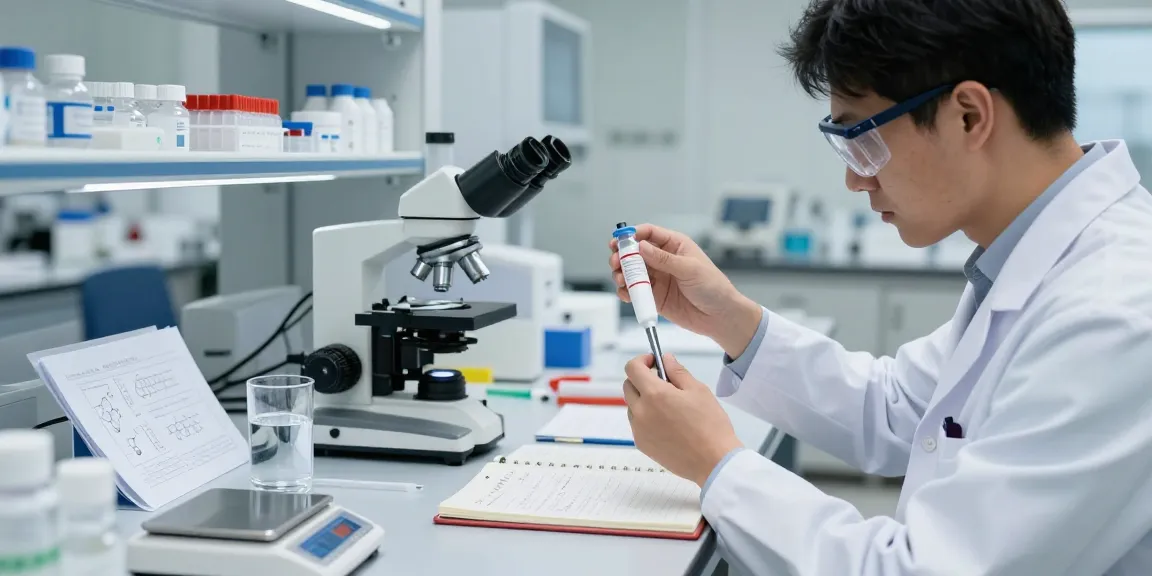 Scientist handling a lyophilized peptide vial in a modern laboratory setting, emphasizing research and precision.