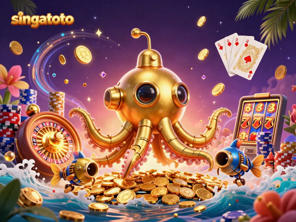 Engage with exciting singatoto gameplay showcasing a vibrant 3D kraken submarine amidst cascading coins.