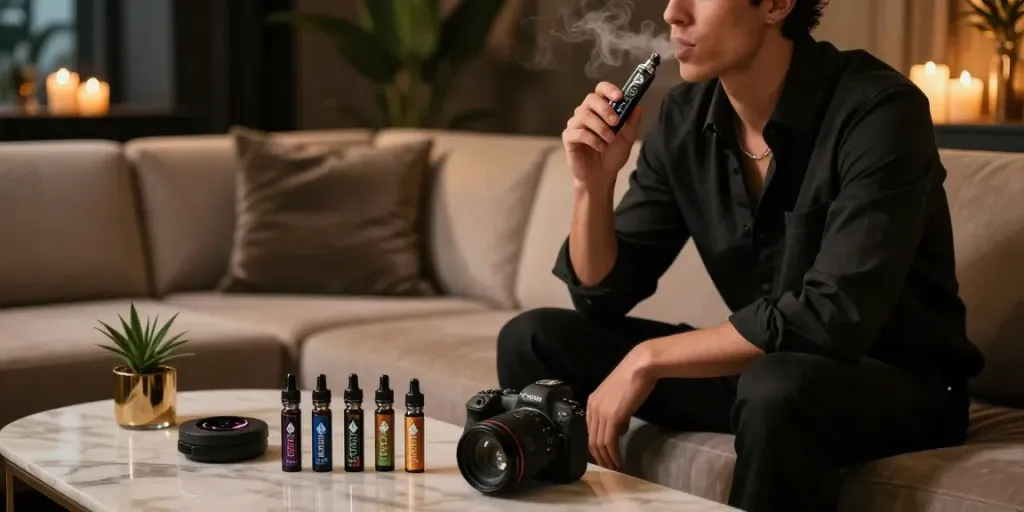 Experience with an Alien Labs cart vape pen in a stylish lounge setting.