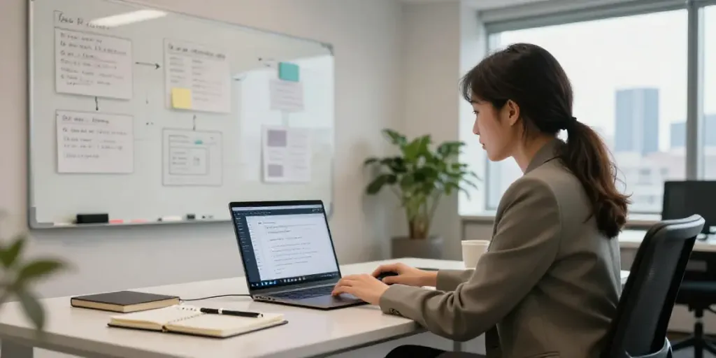 AI copywriting for consultants in a modern office with strategy notes and software on display.