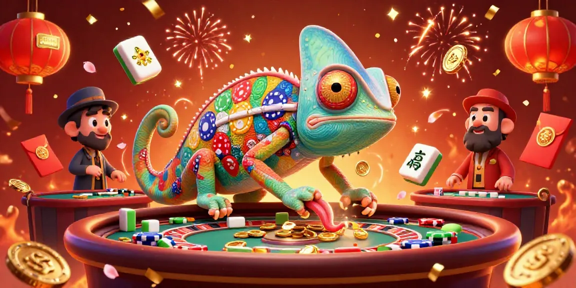 Experience slot gacor excitement with a lively chameleon casino owner surrounded by festive gaming elements.