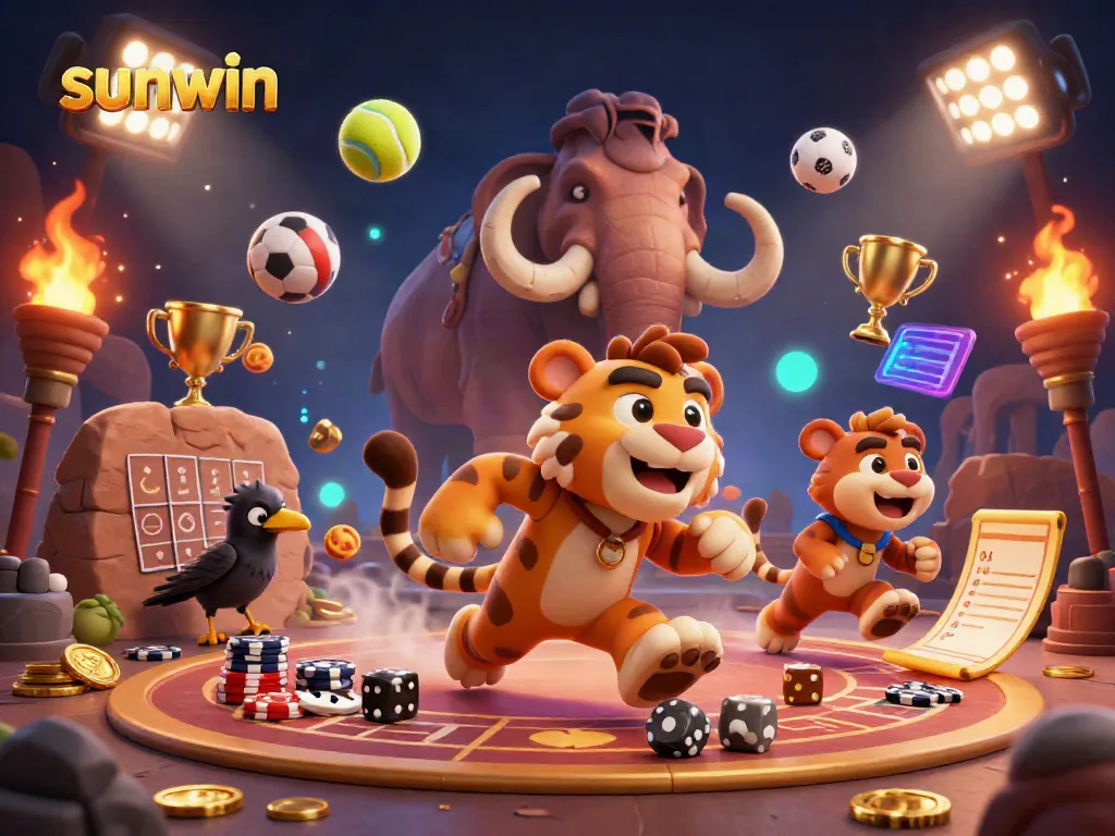 Experience thrilling gaming at sunwin with a cartoon caveman and saber-tooth tiger duo enjoying prehistoric casino fun.
