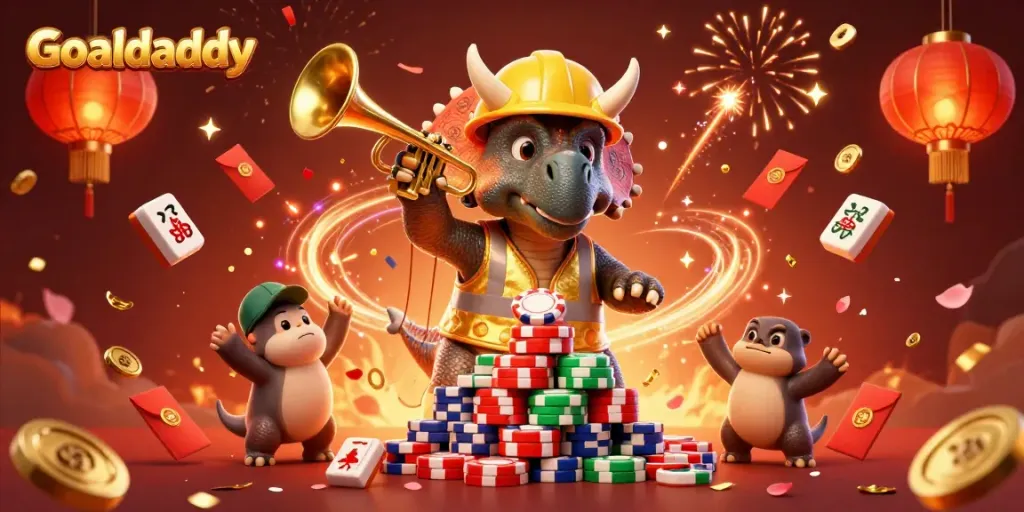 Experience Goaldaddy with a festive 3D scene of triceratops building poker chips amidst vibrant gambling elements.