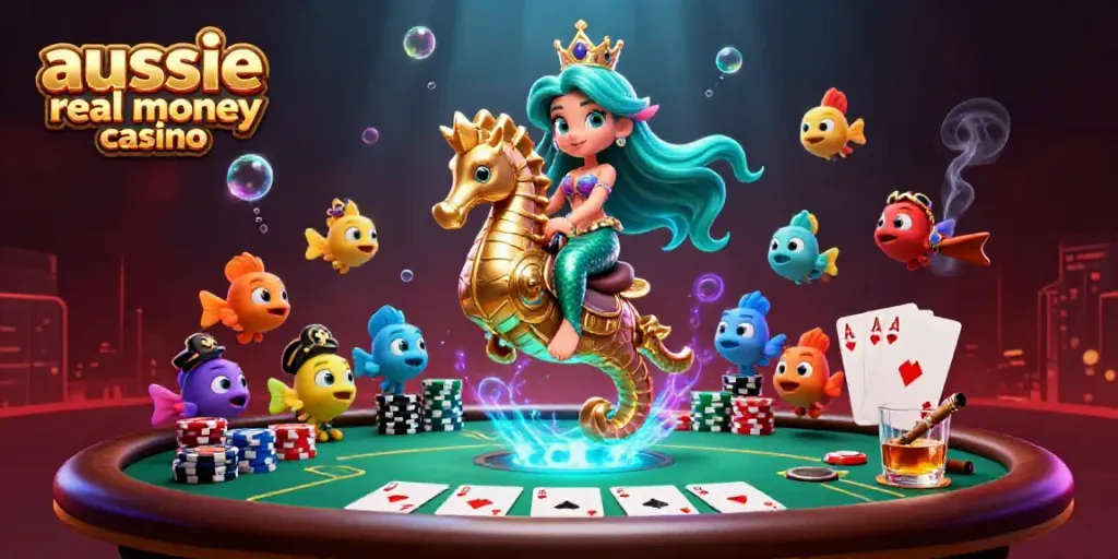 Engage with the aussie real money casino featuring a vibrant underwater scene with casino elements.