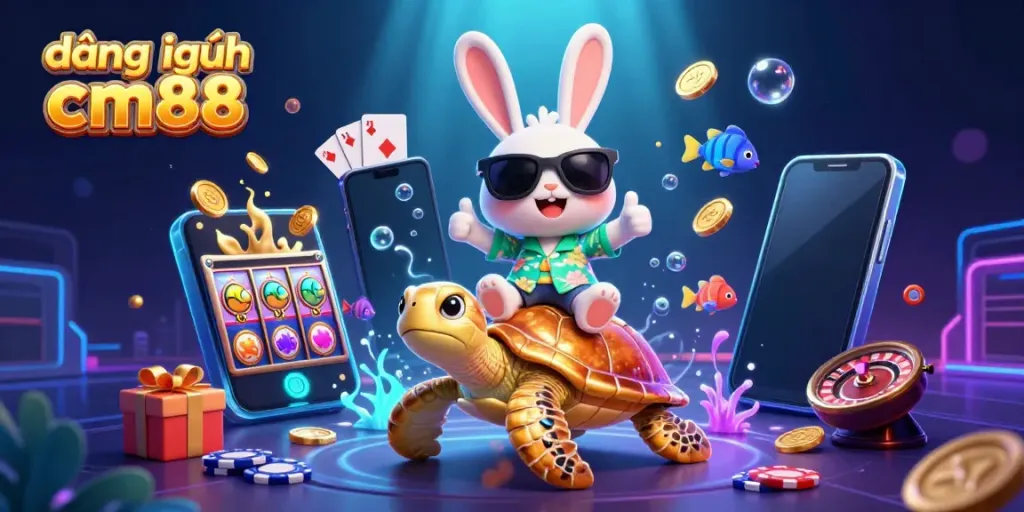 Join the fun with đăng nhập cm88 as a lucky rabbit rides a golden turtle amid vibrant casino-themed elements.