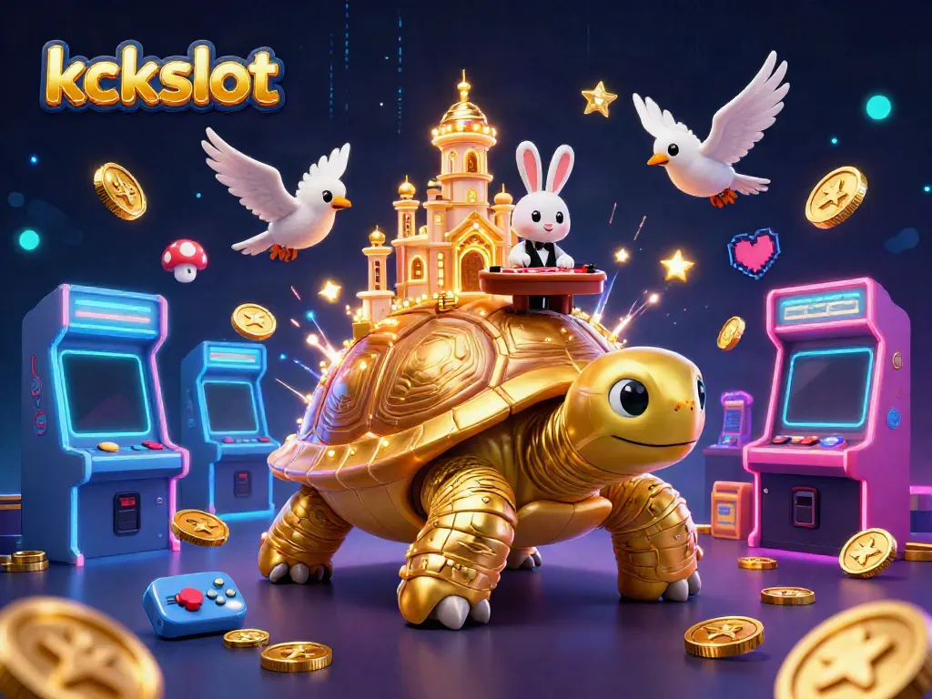 Rasakan sensasi bermain di kckslot dengan gambar kura-kura emas besar dan dealer kelinci di meja kasino.
