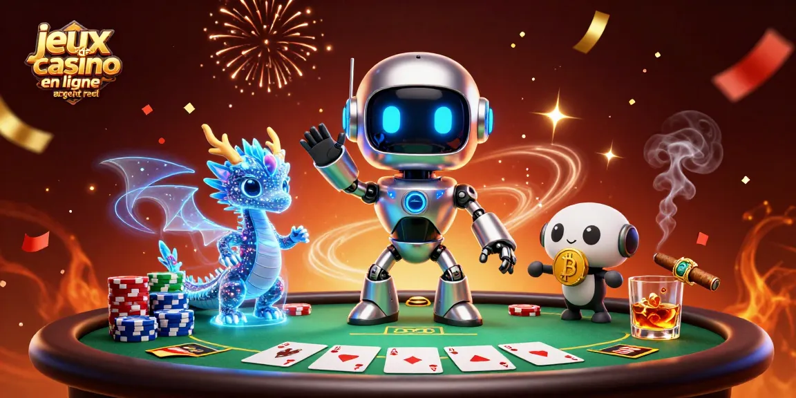 Profitez des jeux de casino en ligne argent réel avec une illustration dynamique mettant en scène des robots et des dragons.