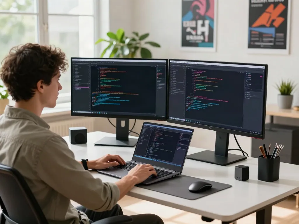 Brave programmer at a tech workspace, coding on dual monitors in a bright environment.