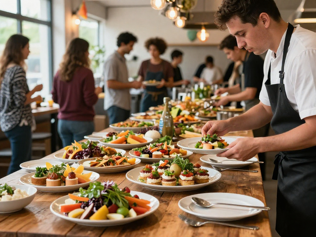 Gourmet appetizers being plated by a caterer in a vibrant setting during a lively event, showcasing craft and quality.