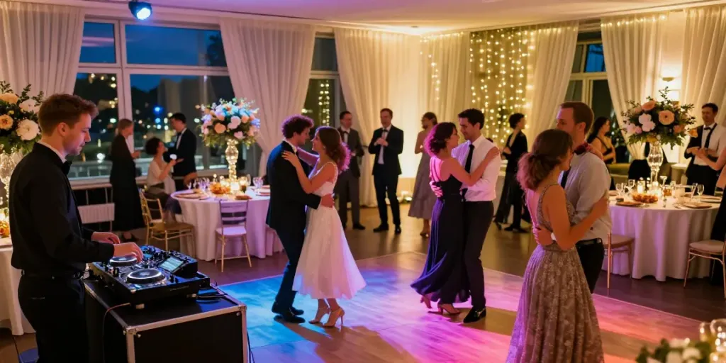 Hochzeit DJ in Berlin Brandenburg, lebendige Tanzfläche mit glücklichen Gästen und eleganter Dekoration