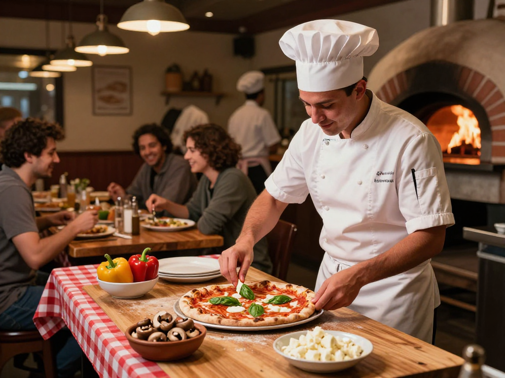 Creating a fresh pizza in a lively pizzeria, showcasing vibrant ingredients and warm ambiance.