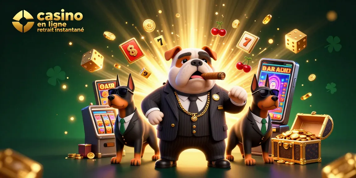 Visuel captivant d'un casino en ligne retrait instantané avec un bulldog mafia et des éléments de jackpot.