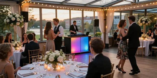 Hochzeit DJ Berlin Brandenburg at an elegant wedding reception, showcasing a festive atmosphere with guests dancing.