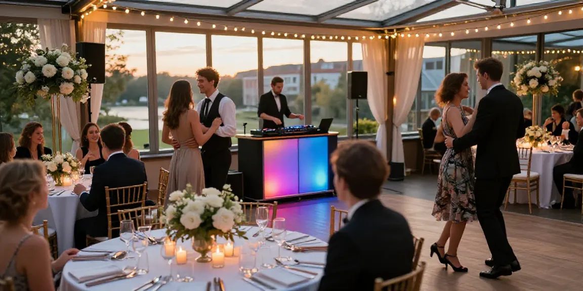 Hochzeit DJ Berlin Brandenburg at an elegant wedding reception, showcasing a festive atmosphere with guests dancing.