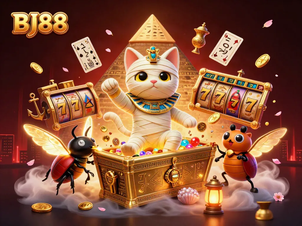Experience BJ88's thrilling online gaming with a vibrant 3D casino scene featuring a mummy cat and golden treasures.